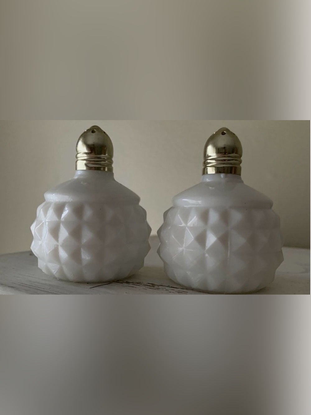 White Textured Milk Glass Salt and Pepper Shaker Set with Silver Tops